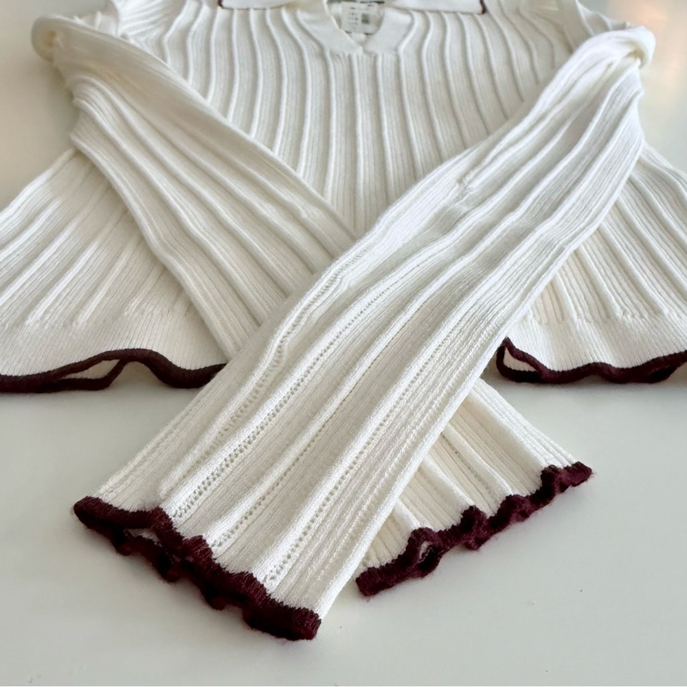 NWT Madewell White V Neck Ribbed Collared Sweater XS Quiet Luxury Minimalist - Picture 7 of 11